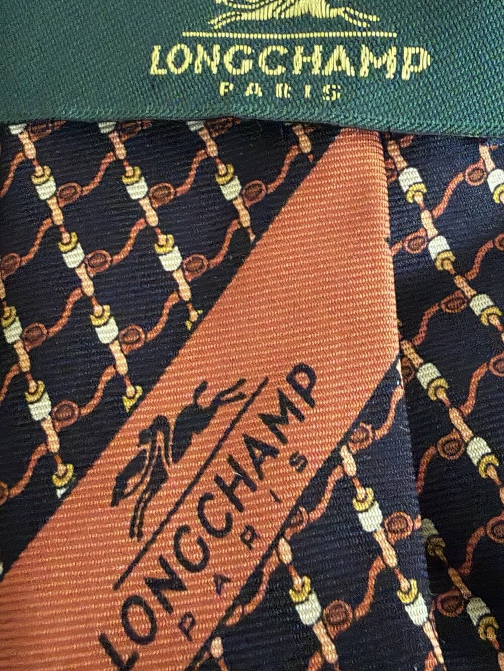 LONGCHAMP PARIS Tie 100% Silk MADE IN ITALY Black Equestrian Horse Gold